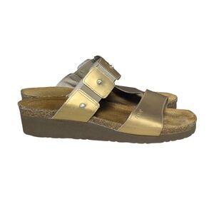 Naot Ashley Sandals Size 39 8 Distress Gold Metallic Leather Wedge 2 Strap Slide